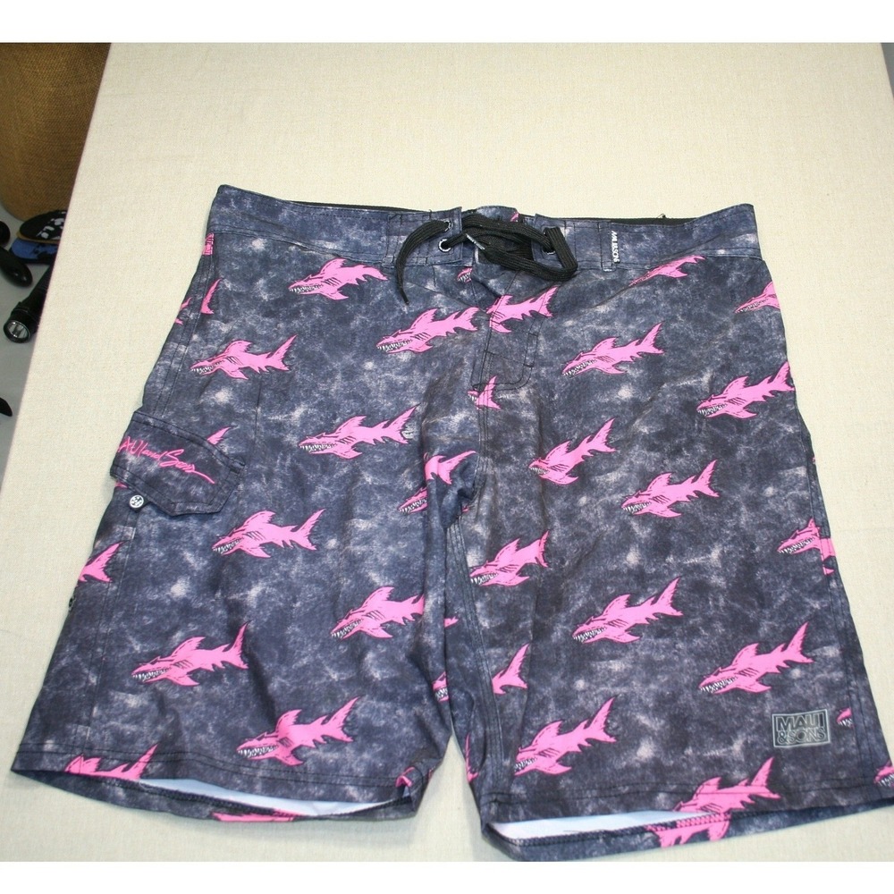 Maui and Sons Mens Board Shorts Pink Shark Acid Wash 4-Way Stretch Size 34